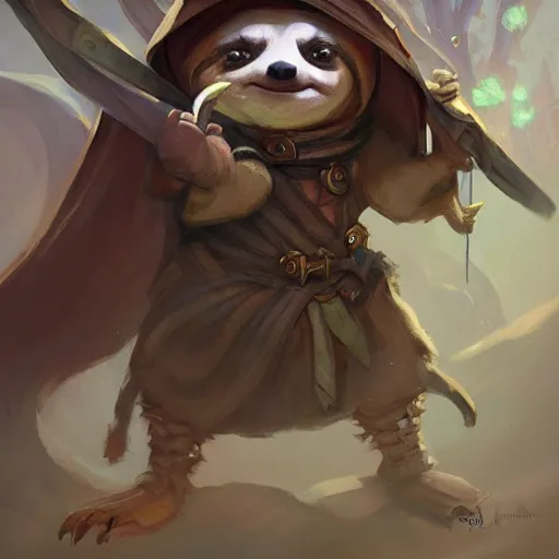 Image similar to cute little anthropomorphic sloth mage, wielding a magic staff, tiny, small, short, wizard robe, cute and adorable, pretty, beautiful, dnd character art portrait, matte fantasy painting, deviantart artstation, by jason felix by steve argyle by tyler jacobson by peter mohrbacher, cinema