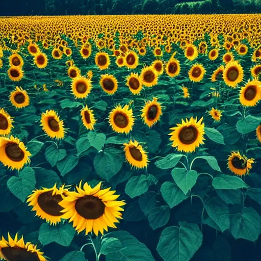 Image similar to A field of sunflowers glowing at night scenic, beuatiful, photo, 8K