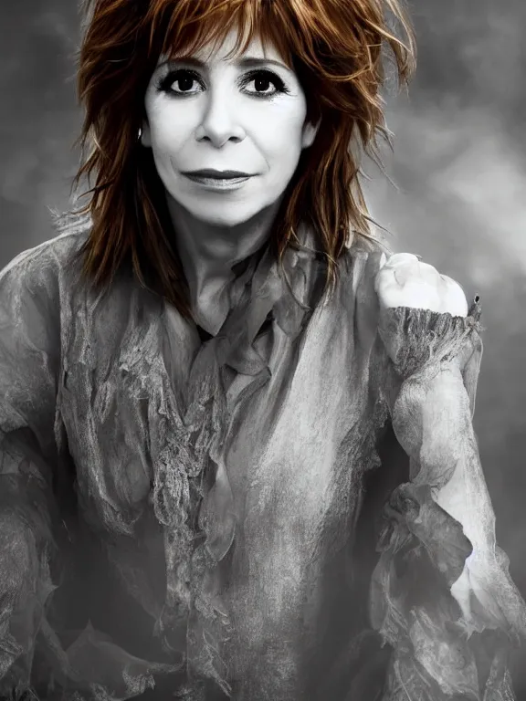 Prompt: portrait of a beautiful mylene farmer, 3 0 years old, volumetric lighting, highly detailed, detailed face, smooth, sharp focus, fog, hd, bright color