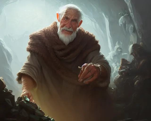 Prompt: , old man finding his wedding ring, deep focus, d & d, fantasy, intricate, elegant, highly detailed, digital painting, artstation, concept art, matte, sharp focus, illustration, hearthstone, art by artgerm and greg rutkowski