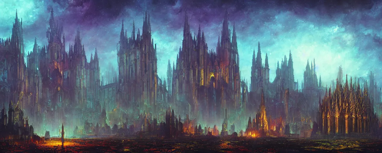 Image similar to ” otherworldly landscape with an epic cathedral, [ by paul lehr, cinematic, detailed, epic, widescreen, opening, establishing, mattepainting, photorealistic, realistic textures, octane render ] ”