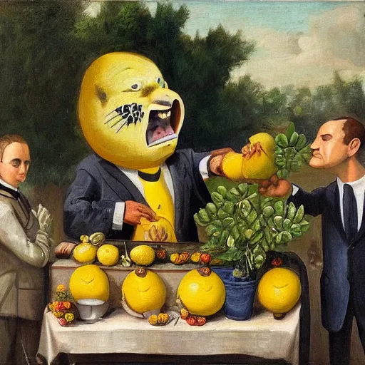 Prompt: a character with a jaguar face wearing a suit selling lemons at a lemon stand in a garden, oil painting, classic art