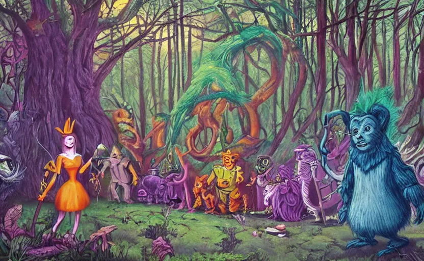 Image similar to a scene of colorful cartoon monsters in the clearing of a dark fantasy forest surrounded by darkness. hyperrealist illustration. muted colors. 1 9 7 0's pulp science fiction and fantasy cartoon for alice in wonderland and wizard of oz. highly detailed and richly colored painting by don ivan punchatz