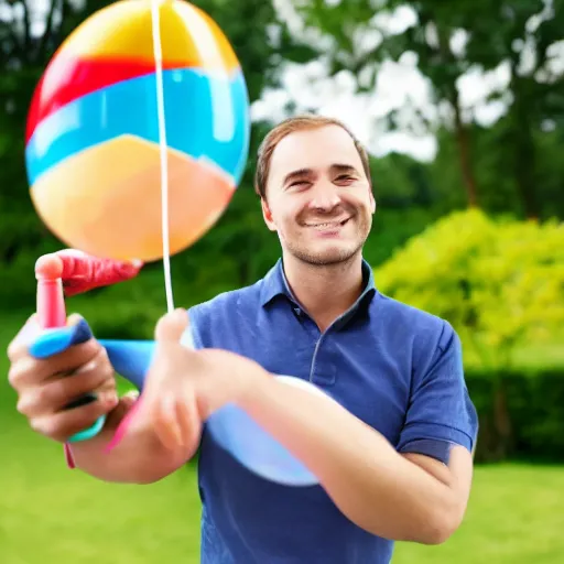 Prompt: man holding a balloon, stock photo