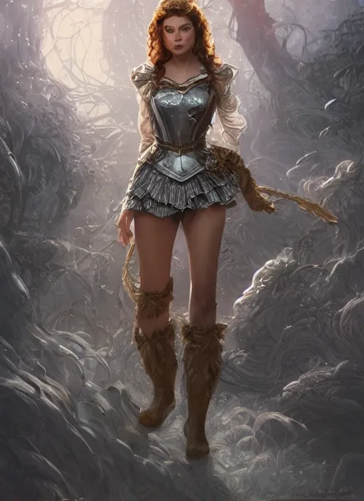 Image similar to beautiful female dorothy gale, rebecca romijn as dorothy, full body character concept, covered in full beautiful silver armor, art nouveau, super powers, fantasy, intricate, elegant, highly detailed, digital painting, artstation, concept art, shining, sharp focus, illustration, art by stanley lau