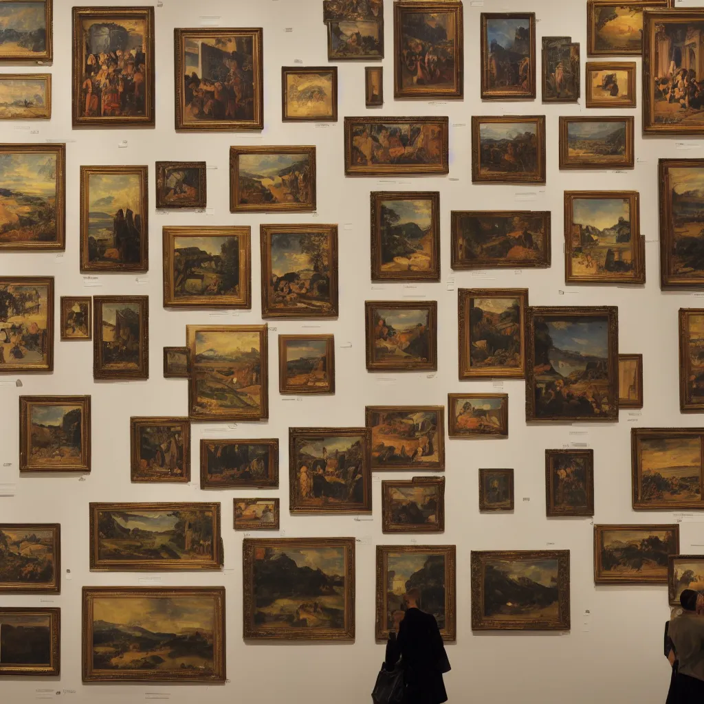 Image similar to a wall at an exhibition that has six of the world's most famous paintings