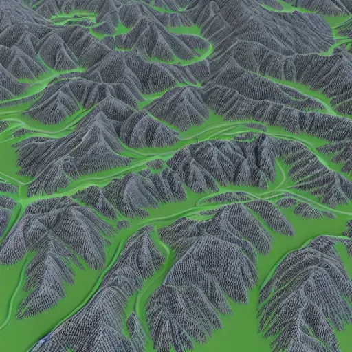 Image similar to contour map of a scottish mountain, 3 d, furnished with trees, snow patches, rivers, realistic