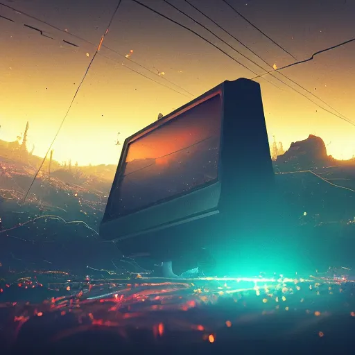Prompt: beautiful dark landscape, giant broken old television, cables, in the style of beeple and Mike Winkelmann, intricate, epic lighting, cinematic composition, hyper realistic, 8k resolution,