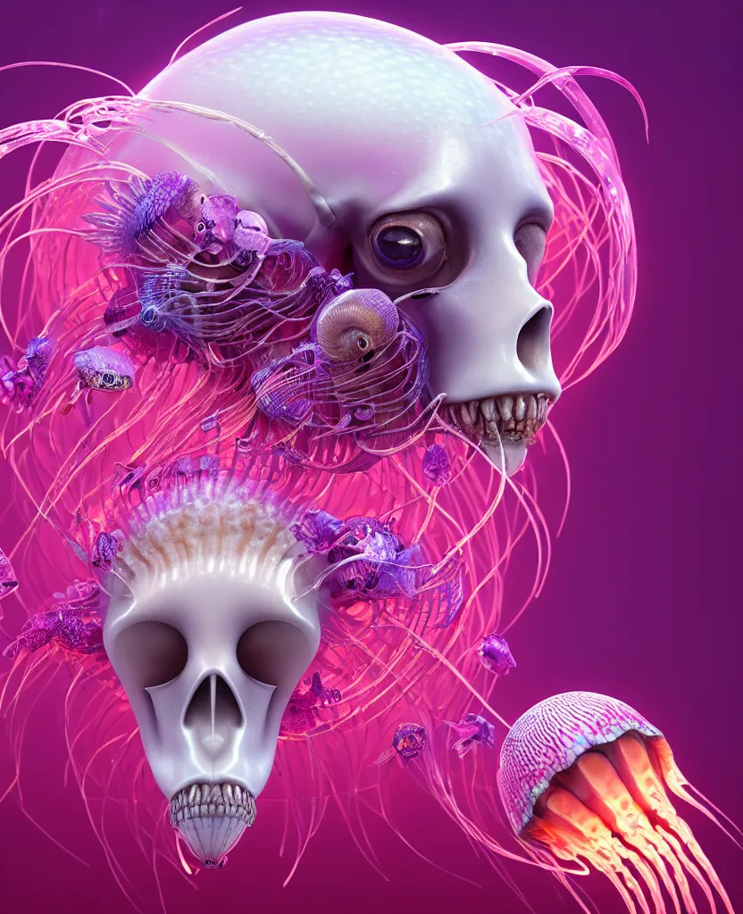 Image similar to goddess princess beautiful face close-up portrait ram skull. jellyfish phoenix head, nautilus, orchid, skull, betta fish, bioluminiscent creatures, intricate artwork by Tooth Wu and wlop and beeple. octane render, trending on artstation, greg rutkowski very coherent symmetrical artwork. cinematic, hyper realism, high detail, octane render, 8k