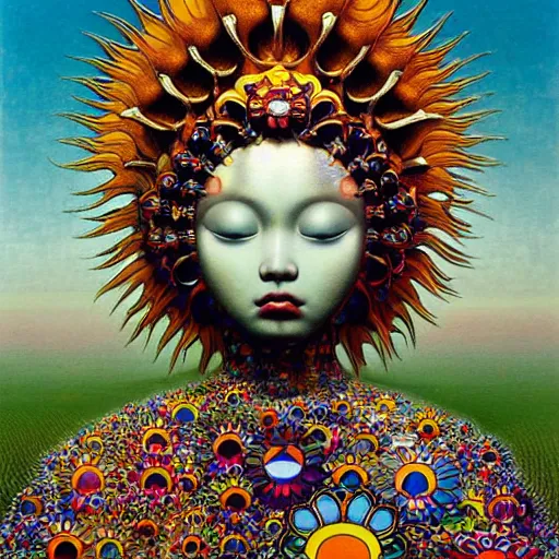 Prompt: the queen of the sun by takashi murakami and zdzisław beksiński, full body, oil on canvas, intricately detailed artwork, full 8k high quality resolution, recently just found unknown masterpiece