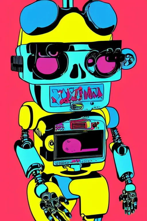 Image similar to extreme wide shot of a robot pirate, wearing an eye patch, Bionic Arms. pop surrealism, pop art. digital art. by Andy Warhol, wide shot