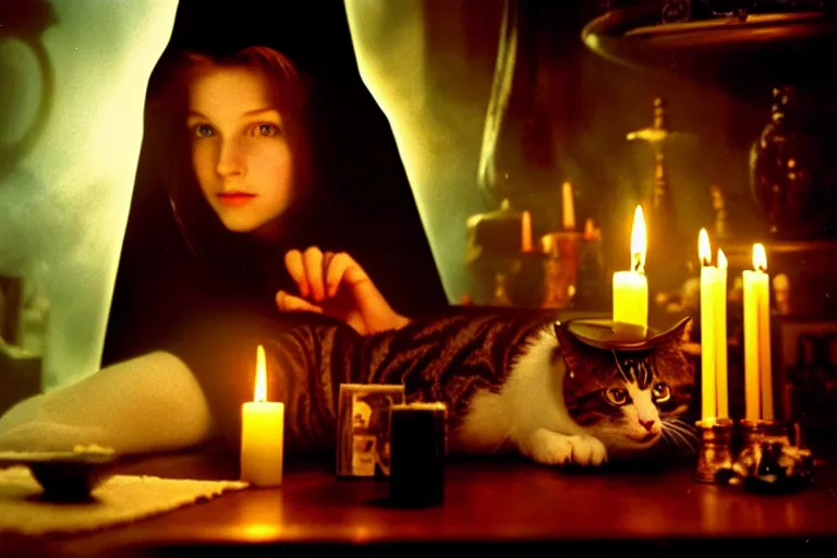 Image similar to 2 0 0 0's photo, close up portrait, dramatic lighting, concentration, calm confident teen witch and her cat, candles and tarot cards displayed on the table in front of her, incense smoke fills the air, a witch hat and cape, apothecary shelves in the background, still from harry potter, alphonse mucha