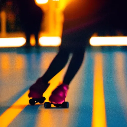 Prompt: a roller skater in a cinematic closeup. in santa monica at blue hour. canon eos c 3 0 0, ƒ 1. 8, 3 5 mm. 8 k. medium - format print. inspired by roger deakins cinematography