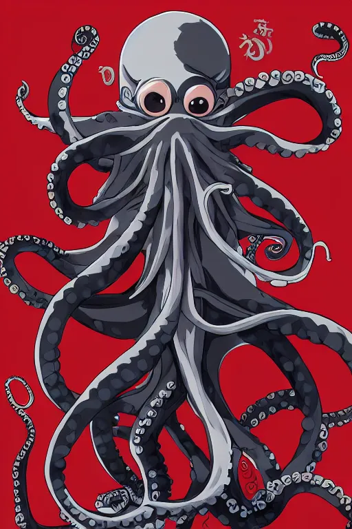 Image similar to key anime visuals of a octopus mixed with a ninja. a katana in his tentacle. the octopus is dressed as a ninja. highly detailed, intricate, directed by makoto shinkai, anime manga style, trending on art station.