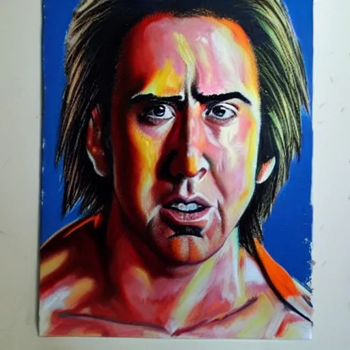 Image similar to nic cage as goku, buff, painted portrait, highly detailed,