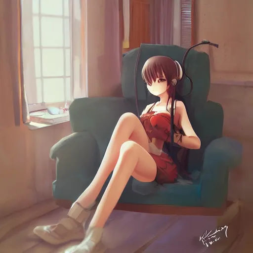 Image similar to anime beautiful girl sits on the sofa and listens to music, the sun shines through the window, clear face, beautiful body, dream light, focus on the face, highly detailed, 8 k, pixiv, concept art, in style of kyoto animation, by cushart krenz