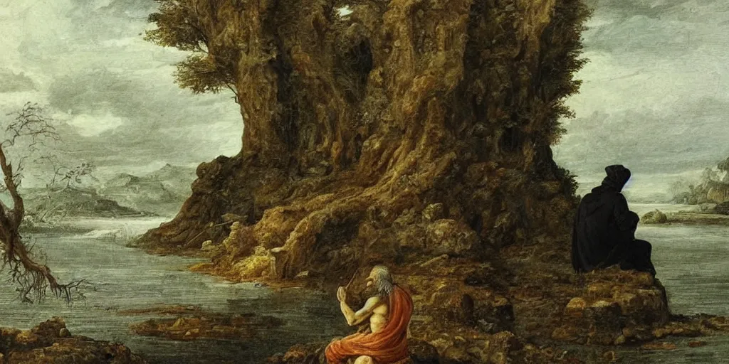 Image similar to a man sits at the edge of a river in the underworld waiting for the ferryman charon, beksinksi