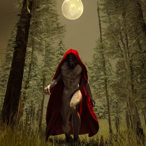 Image similar to werewolf bersus red riding hood, 3d scene, zenith view, Richard Corben, artstation, cgsociety, unreal engine, ultra realistic