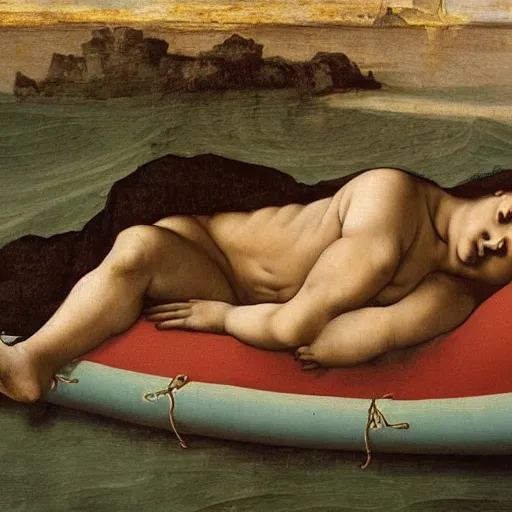 Prompt: Oil painting by Leonardo da Vinci of a Human Rights Watch employee sleeping on an inflatable raft in the ocean