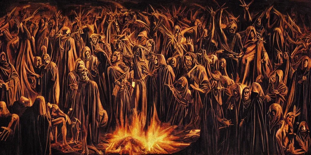 Prompt: dante's inferno painting, with people in black hooded tunic like in the film eyes wide shut of stanley kubrick, illuminati symbol, crows, skeletons, crosses, jesus, dark beauty, rotten gold, perfect faces, extremely detailed, cinema 4 d, unreal engine.