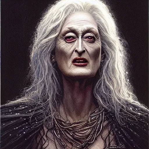 Prompt: head and shoulders portrait of an evil, black - skinned night hag portrayed by meryl streep, d & d, fantasy, luis royo, magali villeneuve, donato giancola, wlop, krenz cushart