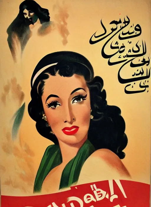 Image similar to beautiful and glamorous arab black-haired woman, 1940s propaganda poster, full hd,highly detailed