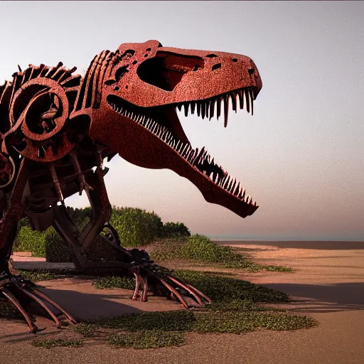 Prompt: a t-rex made of rusty gears, octane render, 3D