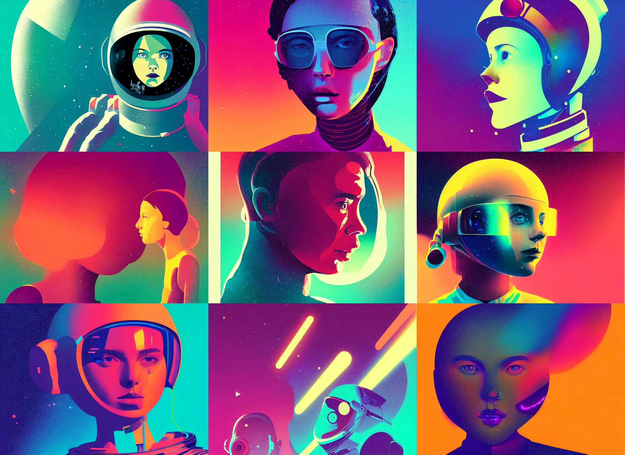 Prompt: ( ( strong dither ) ), editorial illustration portrait of a young astronaut girl, colorful modern, mads berg, karolis strautniekas, christopher balaskas, fine texture, dynamic composition, detailed, matte print, dynamic perspective, halftone, muted color, lomography, ( ( risograph ) )