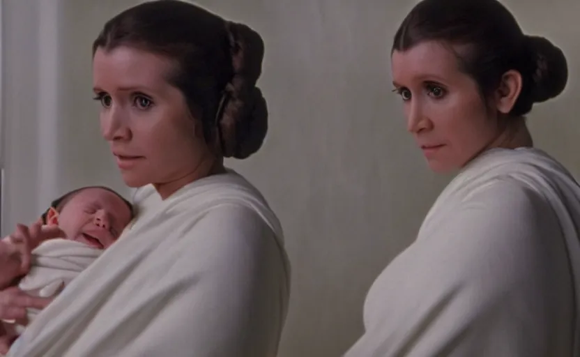 Image similar to screenshot of Princess Leia Organa holding a new born baby in a swaddle, Han Solo watches, iconic scene from 1970s film directed by by Stanley Kubrick, in a sci fi nursing home architecture, 4k HD sharp, cinematic still frame, photoreal, detailed face, moody lighting, stunning cinematography, anamorphic lenses, kodak color film stock