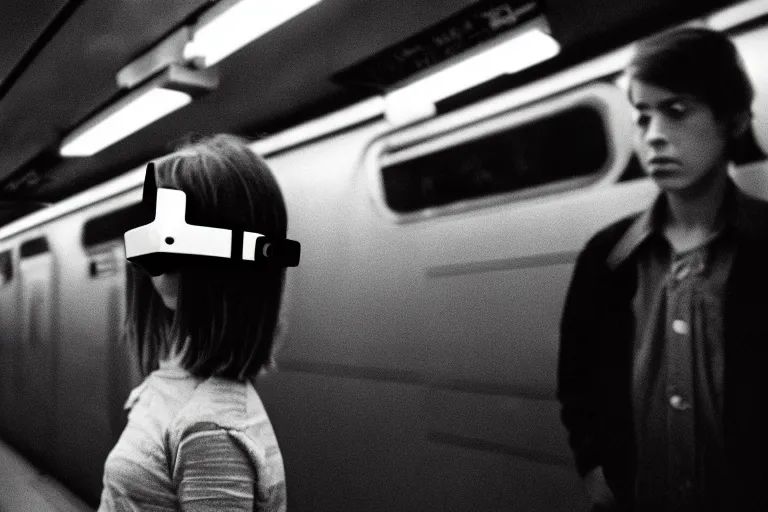 Image similar to girl in augmented reality headset in a subway, richard avedon, tri - x pan, ominous lighting