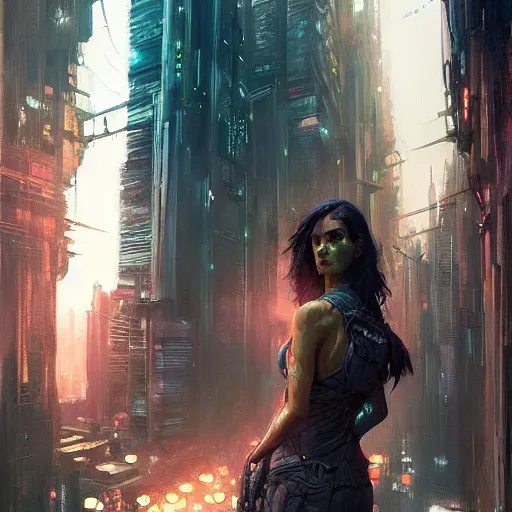 Image similar to wanderer in a cyberpunk megacity, dramatic lighting, detailed background, gorgeous view, realistic, high detail, depth of field, lightrays, atmospheric, digital art, painted by greg rutkowski, painted by jeremy mann, painted by alphonse mucha, trending on artstation