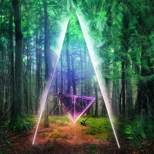 Image similar to a portal in the forest in the shape of a triangle that leads to a psychedelic vapor wave alternate universe, 8k, trees, path