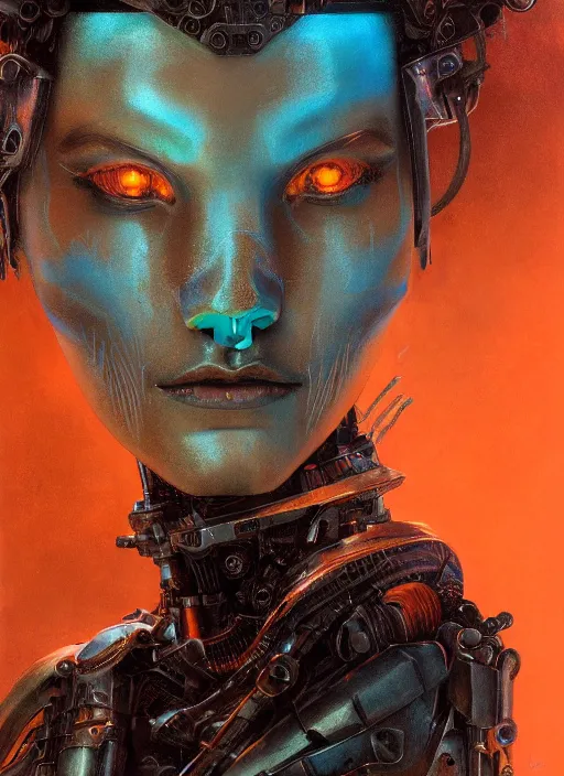 Image similar to ( ( symmetry ) ) closeup portrait of a stunning cyborg girl crying in tears, armor set, strong cinematic light, backlit, teal orange, viscous volumetric smoke, mist, by gerald brom, by mikhail vrubel, by peter elson, muted colors, extreme detail, trending on artstation, 8 k