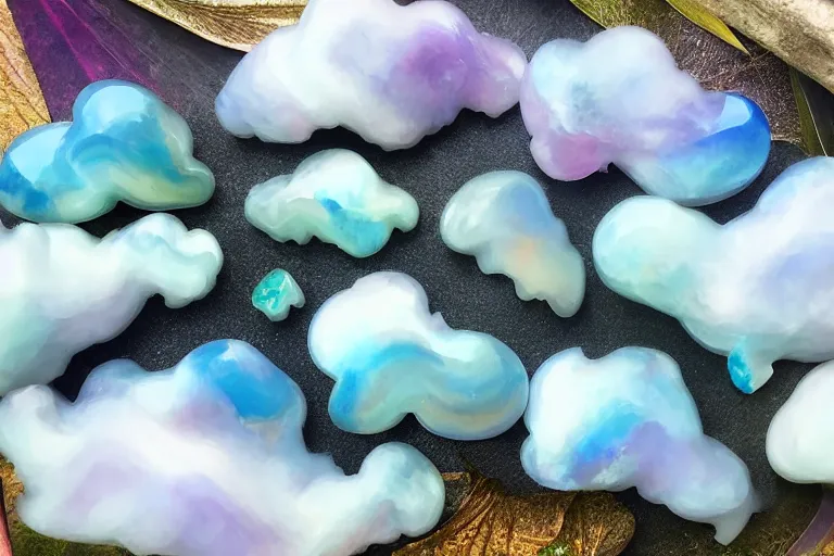 Image similar to a huge flock of many smooth puffy filigreed clouds. whirling ultra detailed gemstone crystals, art nouveau jungle environment, playful, award winning art, epic dreamlike fantasy landscape, ultra realistic,