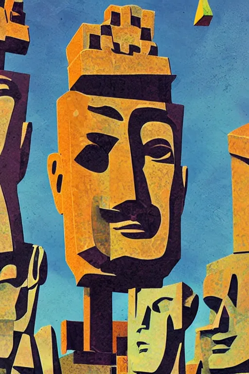 Image similar to cubist moai statue cutout digital illustration cartoon colorful beeple