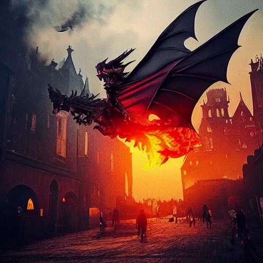 Prompt: “A black dragon flying over a burning medieval city, art station, award winning, 8K”