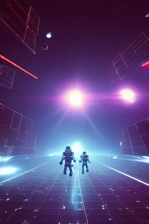 Image similar to wide view of futuristic spacemen firing lasers in zero gravity, floating, in the sky, bright white light, hiding behind obstacles, surrounded by a square laser grid, unreal engine, lensflares, low perspective, fish eye