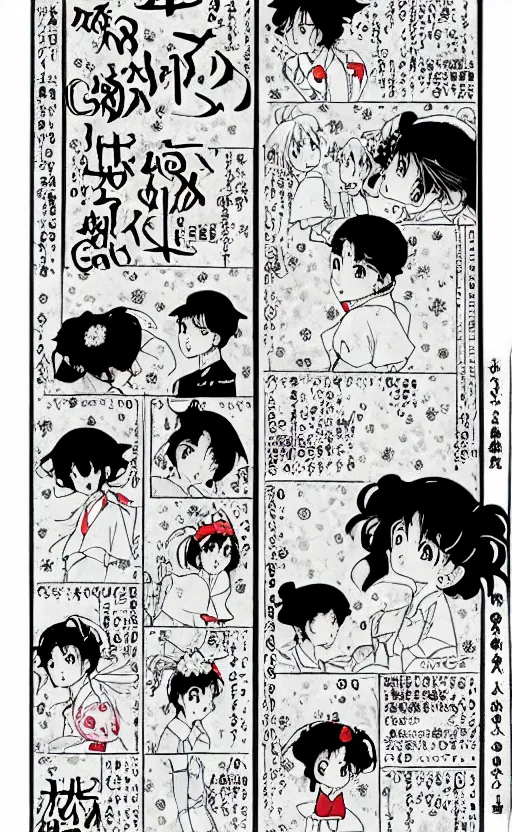 Image similar to a page of multi-panel manga by Naoko Takeuchi and Hayao Miyazaki, black and white manga comic, japanese text kanji, shoujo manga