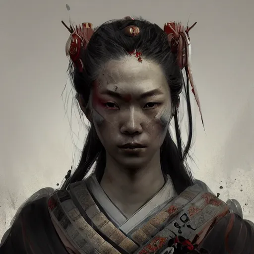 Image similar to Sickly diseased dying female Samurai warrior, portrait by Cedric Peyravernay, highly detailed, excellent composition, cinematic concept art, dramatic lighting, trending on ArtStation