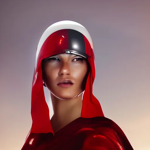 Image similar to headshot of an beautiful female soldier in glossy sleek white armor with tiny red details and a long red cape, downward angle, determined expression, on the surface of mars, night time, dramatic lighting, cinematic, sci-fi, hyperrealistic