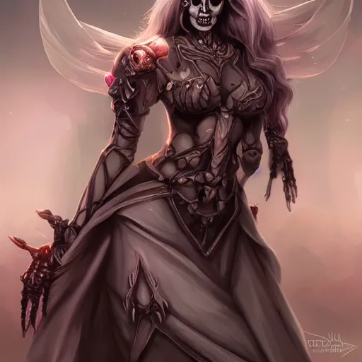 Image similar to beautiful female necromancer raising the dead, fantasy, highly detailed, digital painting, skeleton, trending on artstation, concept art, sharp focus, illustration, art by artgerm and nixeu, 2 d cg