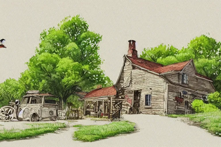 Image similar to country road store goose watercolor pen trending on artstation