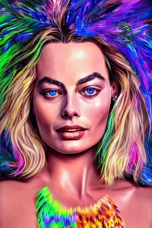 Prompt: Detailed portrait of beautiful Margot Robbie strong neon lighting, extravagant feathered collar, futuristic, by glenn fabry, hyper realistic, HD, oil on canvas