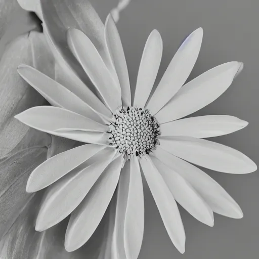 Image similar to white flower with sharp petals, metal dot inclusions in stem, smooth, silvery, contrast, side light, product shot