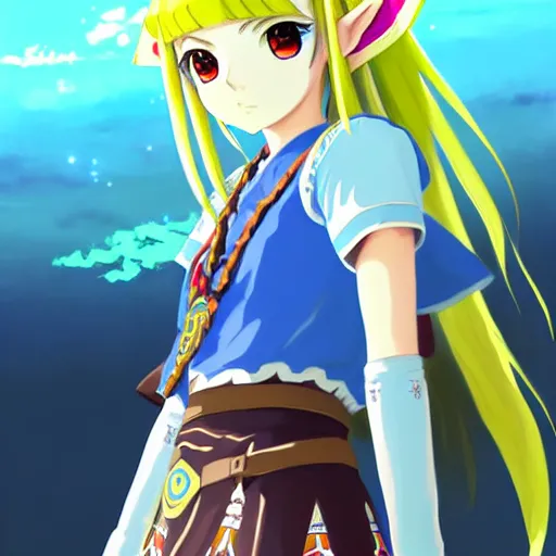 Image similar to a beautiful! young feminine link from botw, wearing japanese catholic school girl outfit with mayan pattern and native style, aztec street fashion, guilty gear art direction, perfect anime face, gapmoe yandere grimdark, trending on pixiv fanbox, painted by greg rutkowski makoto shinkai takashi takeuchi studio ghibli, akihiko yoshida