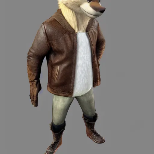 Prompt: far shot, 3d render , anthropomorphic wolf male , wearing along brown leather jacket , in the style of Zootopia