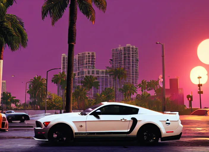 Image similar to still next - gen ps 5 game grand theft auto 6 2 0 2 4 remaster, graphics mods, rain, red sunset, people, rtx reflections, gta vi, miami, palms and miami buildings, photorealistic screenshot, unreal engine, 4 k, 5 0 mm bokeh, close - up ford mustang, gta vice city remastered, artstation