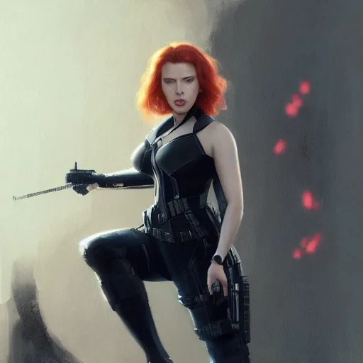 Prompt: Scarlett Johansson as the Black Widow, intricate, highly detailed, digital painting, artstation, concept art, sharp focus, illustration, art by greg rutkowski and alphonse mucha