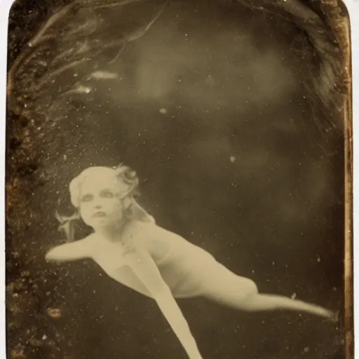 Prompt: tintype photo, swimming deep underwater, pig squid