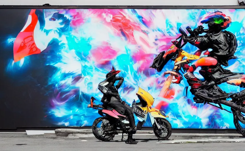 Image similar to billboard advertisement with an extremely beautiful photo of a black marble statue of an anime girl with colorful motocross logos and motorcycle helmet with closed visor, colorful smoke in the background, carved marble statue, fine art, neon genesis evangelion, virgil abloh, offwhite, denoise, highly detailed, 8 k, hyperreal